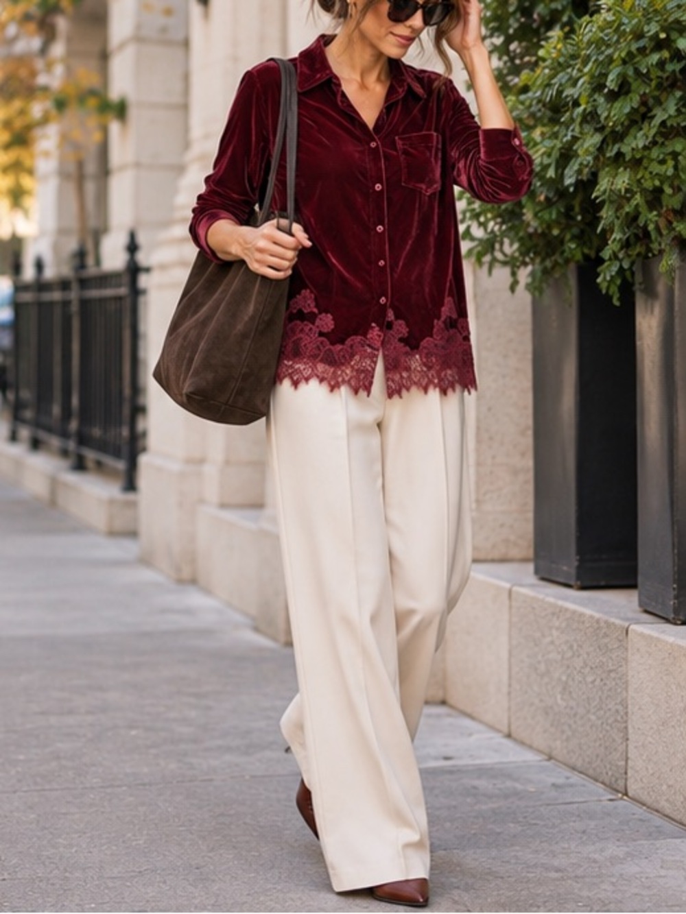 Soft Surroundings Eden Velvet and Lace Shirt Thyme Velvet Tunic Top
